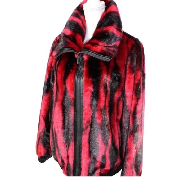 Adrienne Landau Red & Black Faux Fur Waist Style Jacket SzXS - Picture 12 of 13